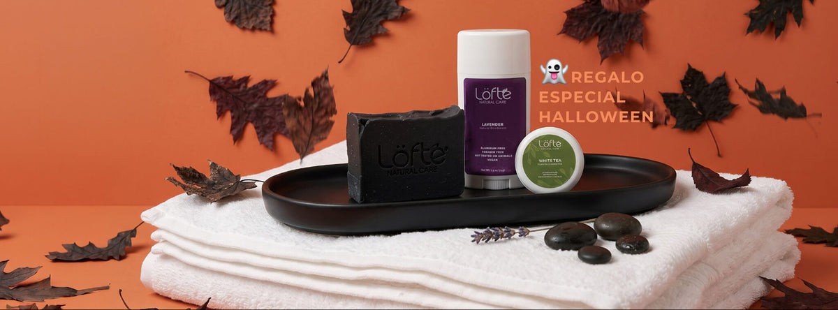 Regalo especial de Halloween de Löfte Natural Care con jabón de carbón, desodorante de lavanda y té blanco